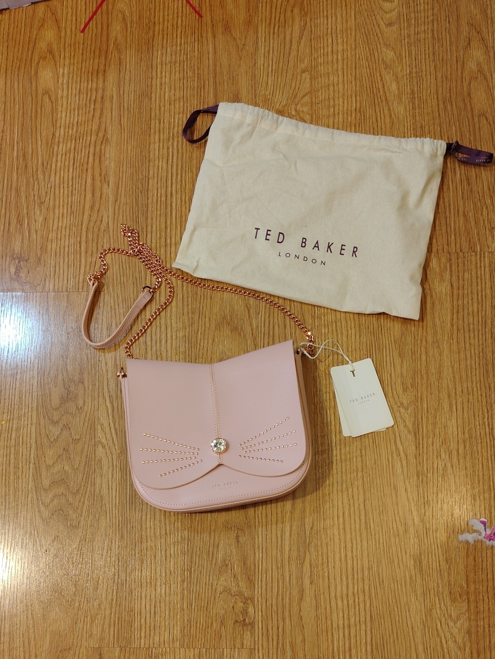 Ted Baker Crystal Stud Blush Pink Leather Crossbody Bag with Rose Gold Chain